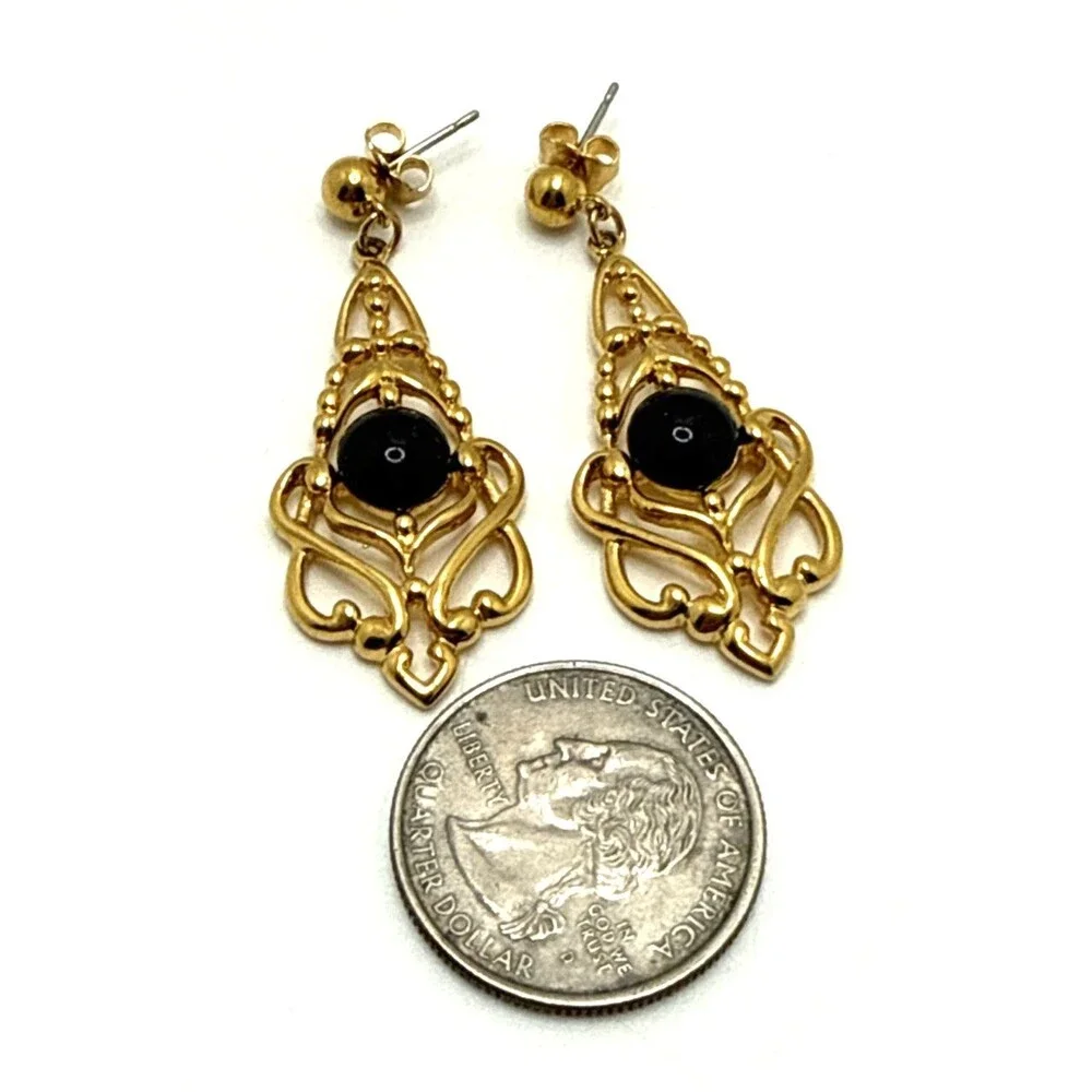 Vintage AVON 1991 GENTLE DRAMA Earrings Gold Tone Black Accent Victorian Style